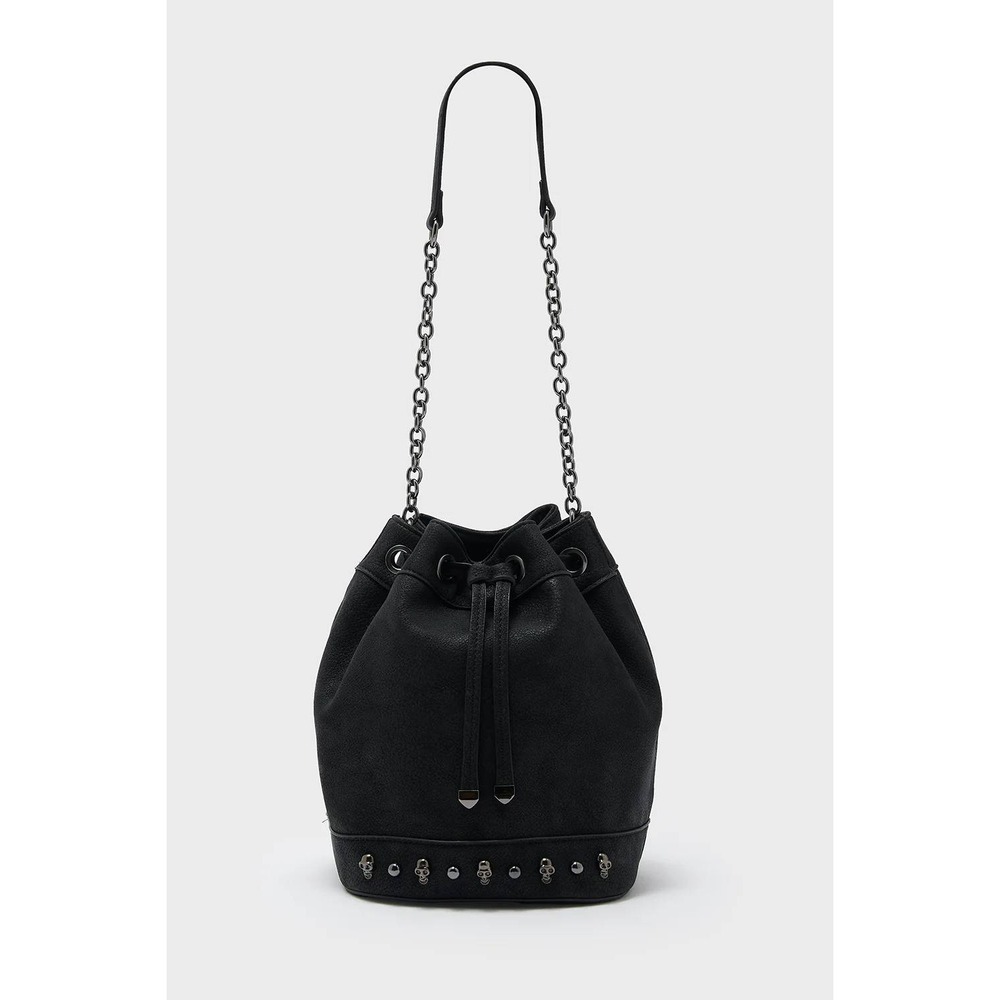 Black Faux Leather Skull Studded Bucket Bag Chain Strap Drawstring Handbag